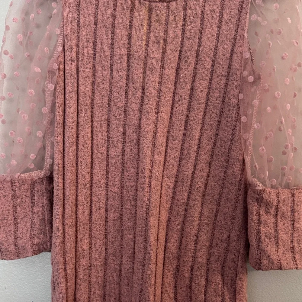 Pink Ribbed Top with Sheer Polka Dot Sleeves